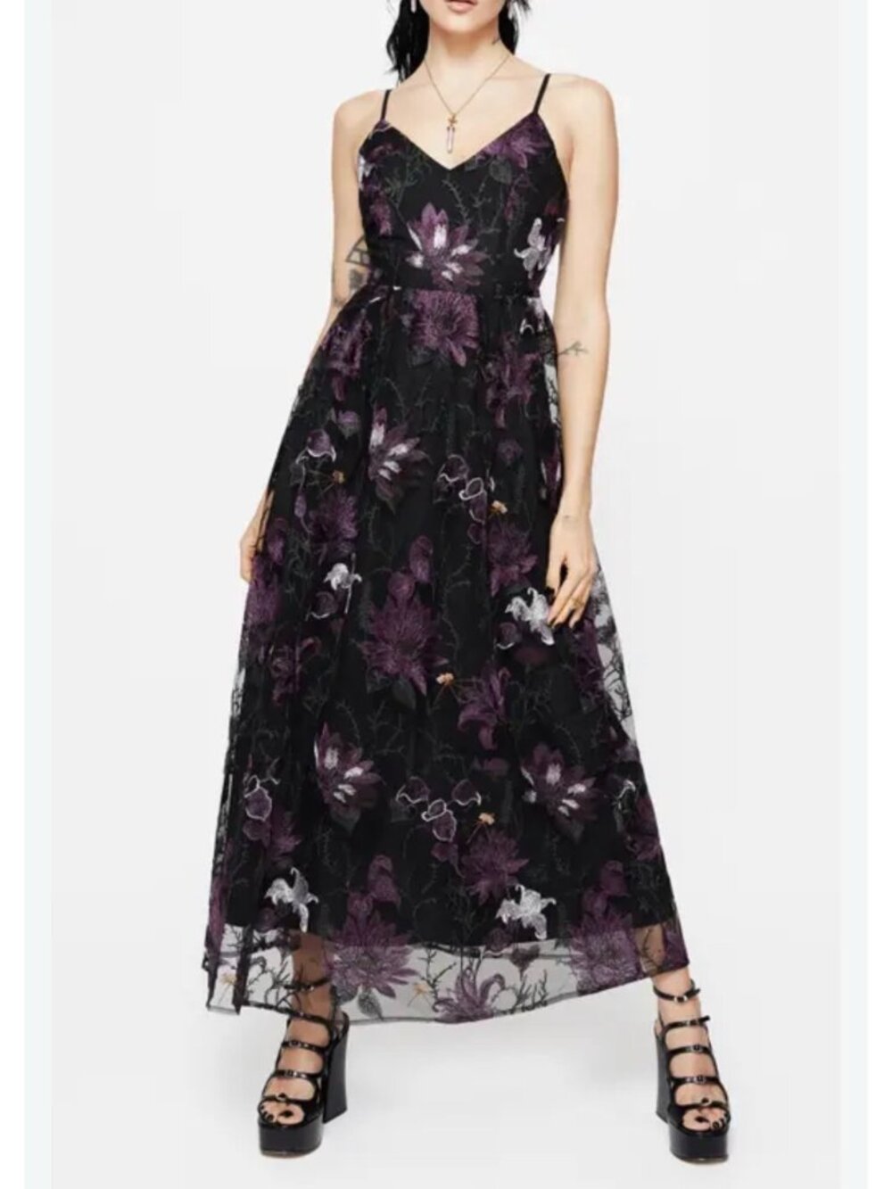 NWT Disturbia 'Estrid' Embroidered Mesh Black & Purple Floral Dress US 6
